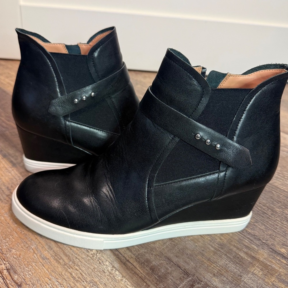 Linea Paolo 90s‎ Moto Mod Womens Size 10 Black Leather Wedge Ankle Boots Street